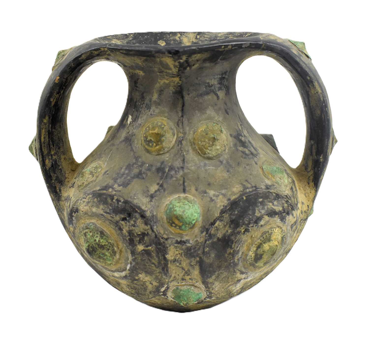 Lot 9 - HAN DYNASTY TWIN HANDLED BLACK POTTERY WITH METAL STUDS 汉代 黑陶嵌铜泡钉双耳壶