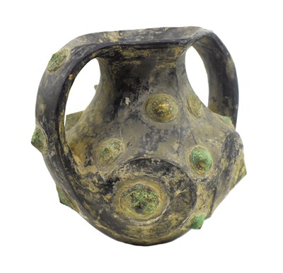 Lot 9 - HAN DYNASTY TWIN HANDLED BLACK POTTERY WITH METAL STUDS 汉代 黑陶嵌铜泡钉双耳壶