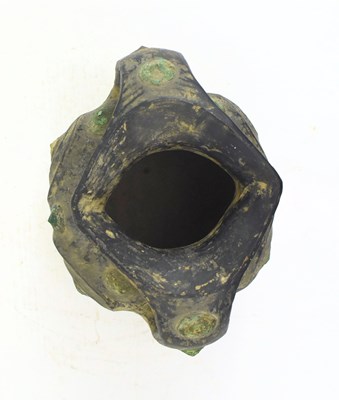 Lot 9 - HAN DYNASTY TWIN HANDLED BLACK POTTERY WITH METAL STUDS 汉代 黑陶嵌铜泡钉双耳壶