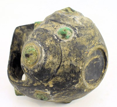 Lot 9 - HAN DYNASTY TWIN HANDLED BLACK POTTERY WITH METAL STUDS 汉代 黑陶嵌铜泡钉双耳壶