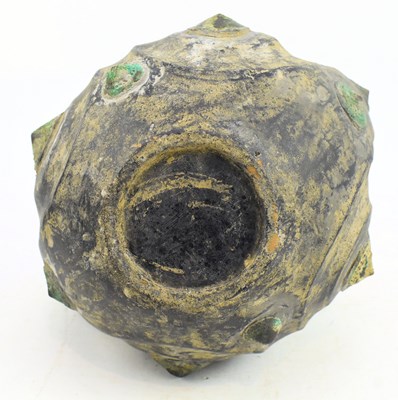 Lot 9 - HAN DYNASTY TWIN HANDLED BLACK POTTERY WITH METAL STUDS 汉代 黑陶嵌铜泡钉双耳壶
