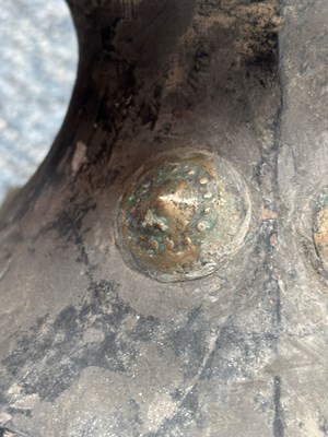 Lot 9 - HAN DYNASTY TWIN HANDLED BLACK POTTERY WITH METAL STUDS 汉代 黑陶嵌铜泡钉双耳壶