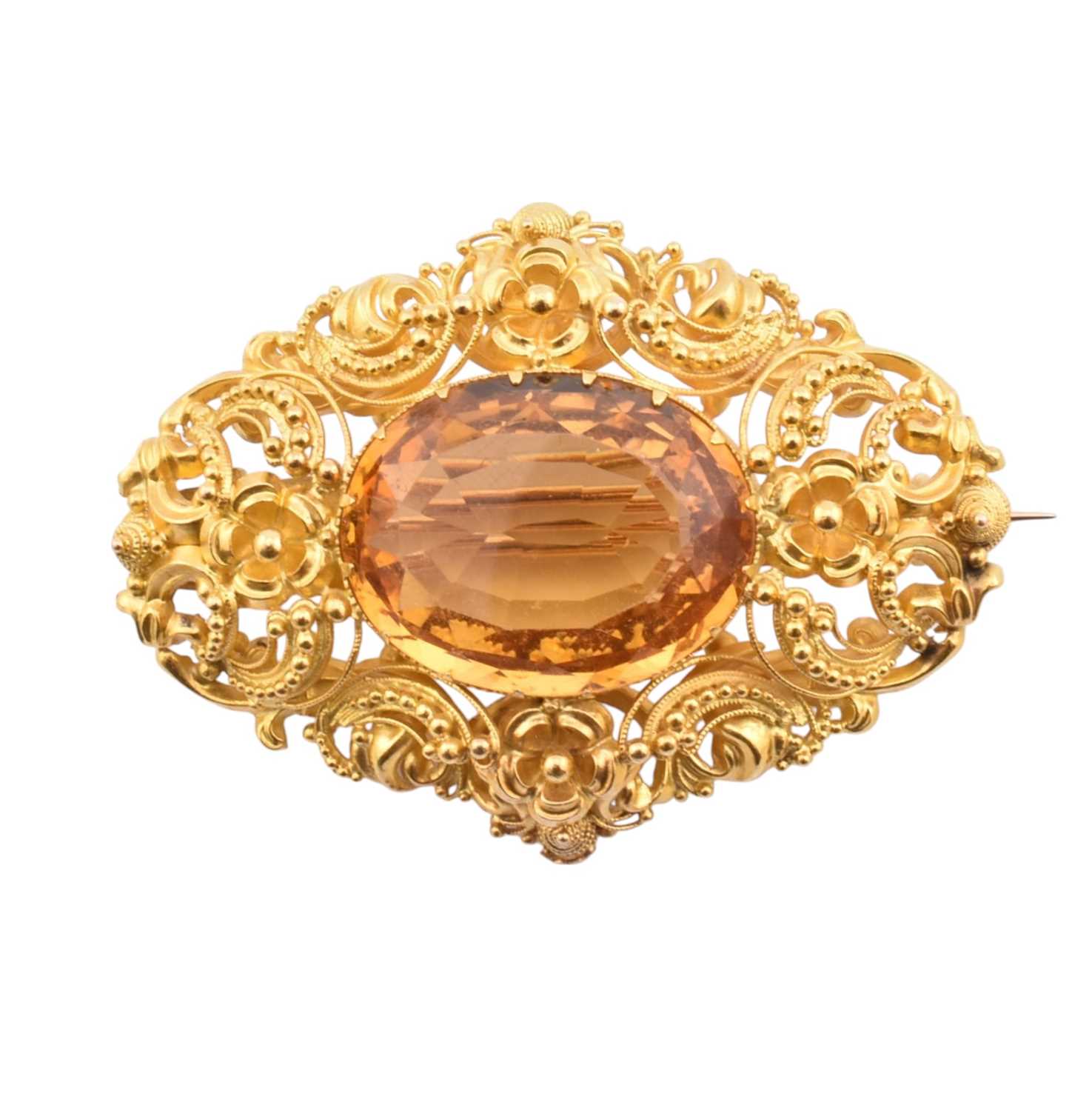 Lot 113 - GOLD CITRINE CANNETILLE WORK BROOCH PIN
