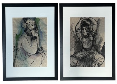 Lot 4 - TWO BRIAN MIDLANE INK ON PAPER STUDY PAINTINGS OF LADIES