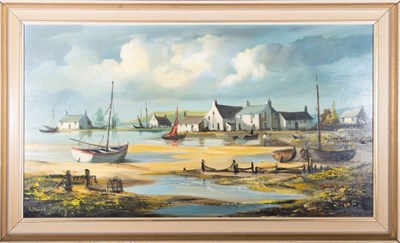Lot 21 - AUDREY DALLAS-SIMPSON - 20TH CENTURY OIL ON CANVAS PAINTING OF CORNISH HARBOUR