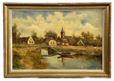 Lot 26 - UNKNOWN 20TH CENTURY - UNTITLED VILLAGE OIL ON CANVAS PAINTING