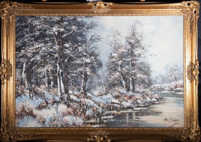 Lot 32 - CHRIS BAUM (20TH CENTURY) - UNTITLED SNOWY LANDSCAPE PAINTING