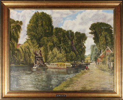 Lot 54 - ROGER HEARN - HARLOW MILL LOCK, RIVER STORT, 1993 - OIL ON CANVAS PAINTING
