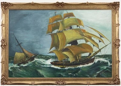 Lot 70 - JOHN S. SMITH (BRITISH, 20TH CENTURY) - BRIGANTINE AT SEA OIL ON CANVAS PAINTING