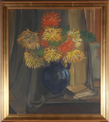 Lot 74 - UNKNOWN 20TH CENTURY - DALIAH IN BLUE VASE, 1951 - STILL LIFE OIL PAINTING