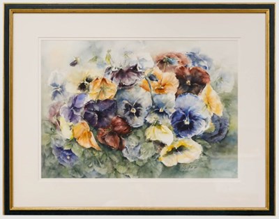Lot 75 - KITTY MULDER (20TH CENTURY) - STILL LIFE WATERCOLOUR OF PANSIES PAINTING