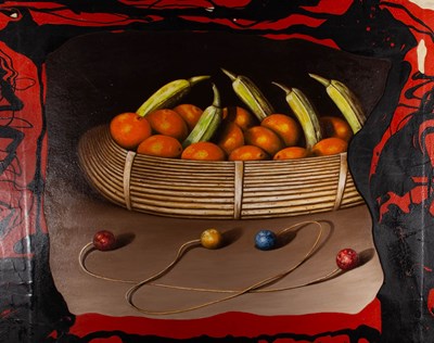 Lot 78 - FELIX MUYO (SPANISH, B. 1948) - BALLS OF FIRE, 2004 - MIXED MEDIA STILL LIFE PAINTING