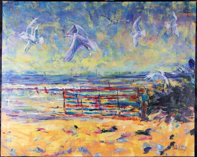 Lot 91 - PATER WOOD (CONTEMPORARY) - SEASIDE BEACH VIEW OIL ON CANVAS PAINTING