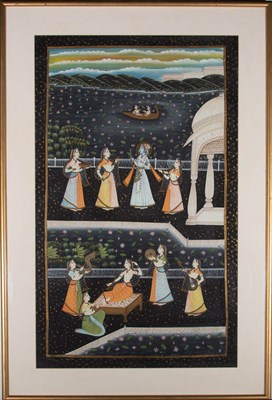 Lot 105 - INDIAN 20TH CENTURY - VISHNU IN THE PLEASURE GARDENS - GOUACHE ON PAPER PAINTING