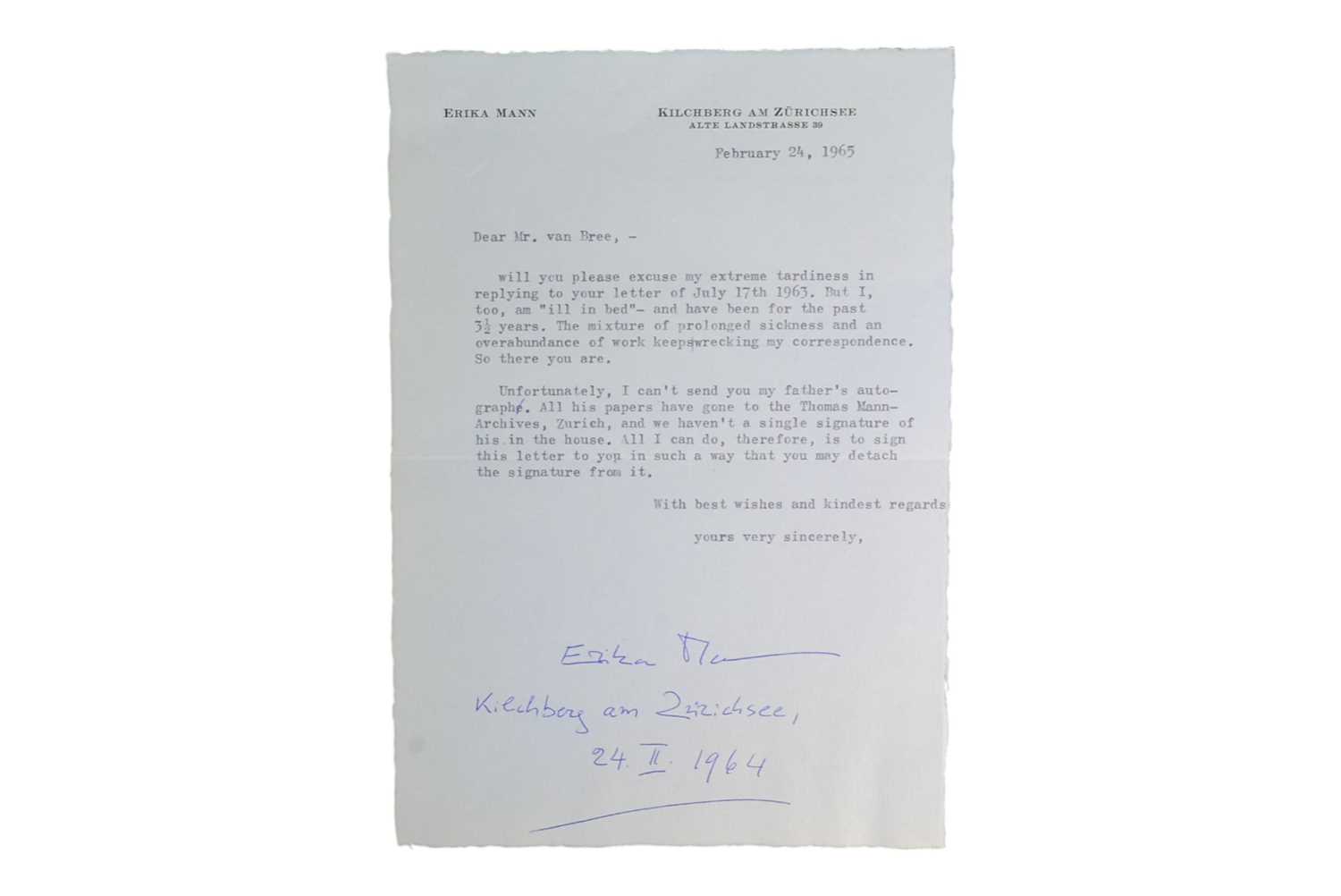 Lot 206 - WRITERS - ERIKA MANN (D.1969) - AUTOGRAPHED LETTER
