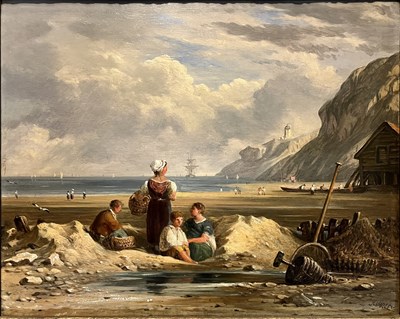 Lot 535 - JOHN VARLEY (1778-1842) - FIGURES ON A BEACH - OIL ON BOARD LANDSCAPE PAINTING