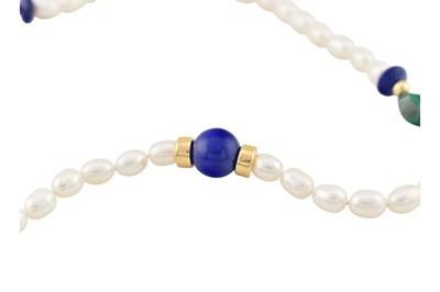Lot 261 - CHINESE 14CT GOLD PEARL & LAPIS LAZULI MALACHITE NECKLACE