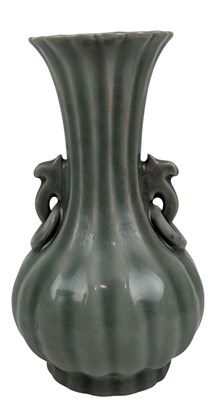 Lot 65 - LONGQUAN CELADON PEAR SHAPED VASES 龙泉 青釉白条双耳瓶