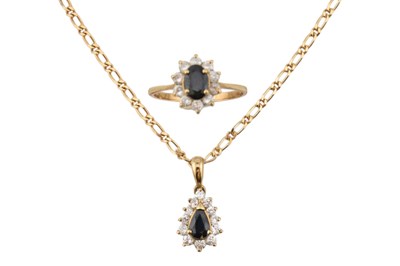 Lot 514 - 9CT GOLD SAPPHIRE & WHITE STONE CLUSTER PENDANT & CLUSTER RING