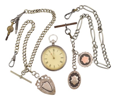Lot 624 - 935 SILVER OPEN FACE POCKET WATCH WITH FOBS & CHAINS AF