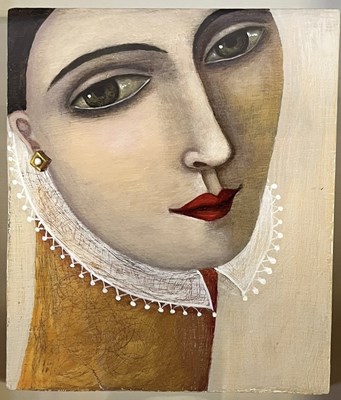Lot 542 - IRENE JONES (B. 1938) - CLAUDALIE - ACRYLIC ON PANEL ELIZABETHAN STYLE PORTRAIT