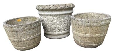Lot 554 - PAIR OF RECONSTITUTED STONE GARDEN PLANTERS AND ONE OTHER