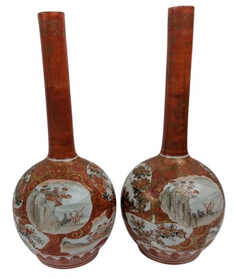 Lot 114 - PAIR OF 19TH CENTURY JAPANESE MEIJI PERIOD KUTANI PORCELAIN BOTTLE VASES 日本 明治 九谷烧长颈瓶一对