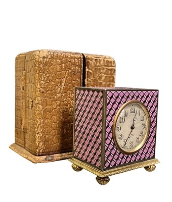 Lot 7 - ZENITH WATCH CO - SWISS 1930S METAL DORE & CHAMPLEVE BOUDOIR/TRAVELLERS CLOCK