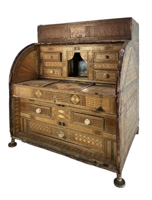 Lot 48 - FRENCH NAPOLEONIC PRISONER OF WAR STRAW WORK CYLINDER DESK, CIRCA 1800