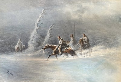 Lot 597 - RUSSIAN SCHOOL - 19TH CENTURY 1862 WATERCOLOUR PAINTING OF SOLDIERS IN THE SNOW