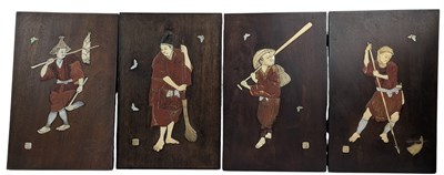 Lot 130 - FOUR 19TH CENTURY JAPANESE MEIJI WOODEN PANELS WITH BONE & MOP INLAY