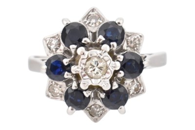 Lot 448 - HALLMARKED WHITE GOLD SAPPHIRE & DIAMOND RING