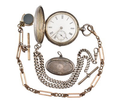 Lot 607 - HALLMARKED SILVER POCKET WATCH, CHAIN LOCKET & GILDED METAL CHAIN