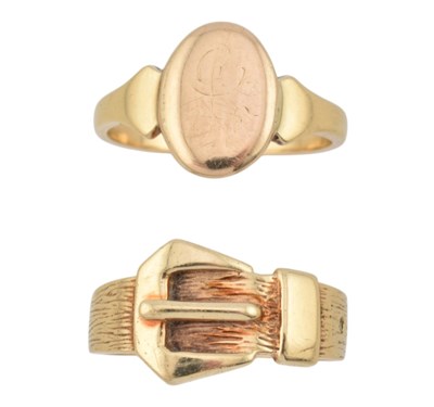 Lot 170 - 9CT GOLD SIGNET RING & BUCKLE RING