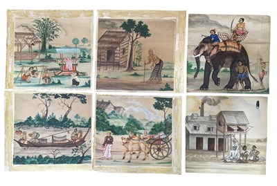 Lot 576 - THAI FOLK ART - SIX EARLY 20TH CENTURY INK, WATERCOLOUR AND PENCIL ON PAPER DAILY SCENES PAINTINGS
