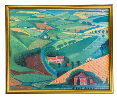 Lot 45 - DAVID HOCKNEY - THE ROAD ACROSS THE WOLDS - SIGNED COLOUR OFFSET LITHOGRAPH EXHIBITION POSTER