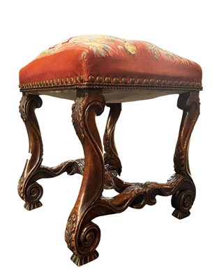 Lot 324 - FRENCH LOUIS XIII INSPIRED 19TH CENTURY CARVED OAK & NEEDLEPOINT STOOL