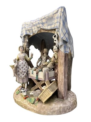 Lot 10 - GERMAN PORCELAIN, POSSIBLY MEISSEN, 19TH CENTURY GROUP FIGURE OF GAME SELLERS