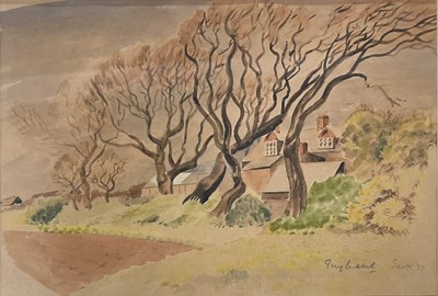 Lot 341 - GUY MALET RBA (1900-1973) - COTTAGES IN THE AVENUE - WATERCOLOUR PAINTING