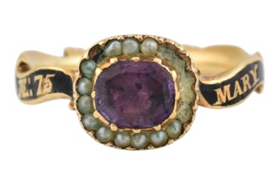 Lot 34 - 18TH CENTURY GOLD ENAMEL SEED PEARL & AMETHYST MOURNING RING
