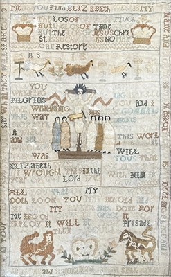 Lot 288 - 18TH CENTURY 1782 NEEDLEPOINT SAMPLER BY ELIZABETH WEST, WITH CRUCIFIX