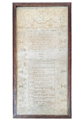 Lot 296 - EARLY 18TH CENTURY 1730 NEEDLEPOINT SAMPLER BY SARAH BRAFFETT, AGED 7/8