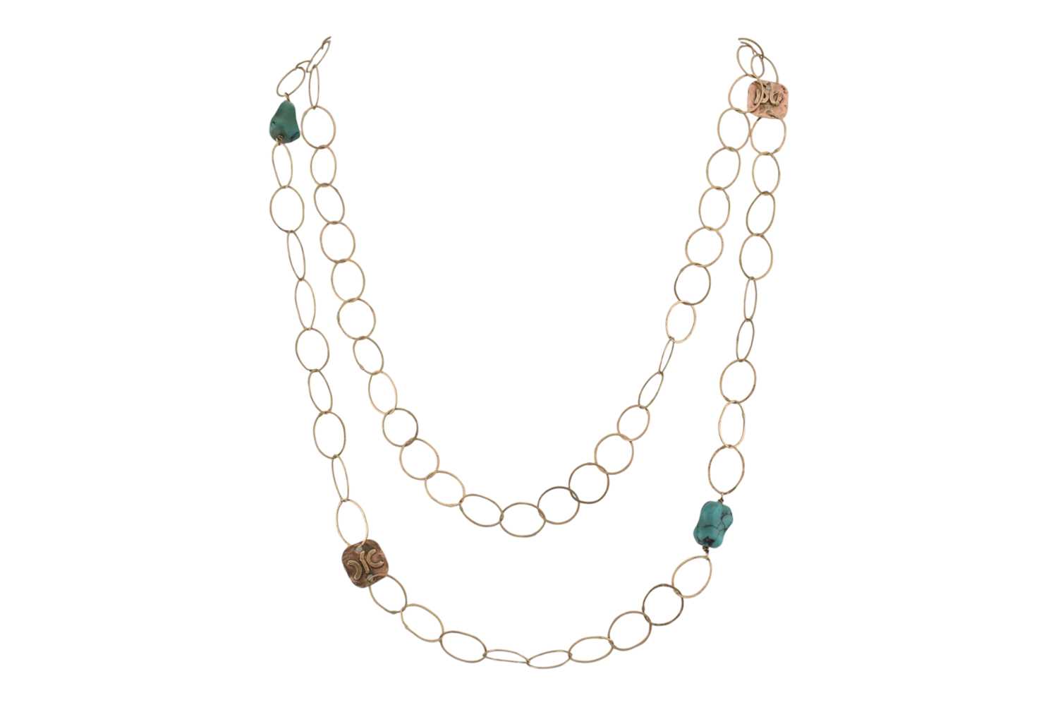 Lot 202 - HALLMARKED 9CT GOLD & TURQUOISE RING LINK NECKLACE