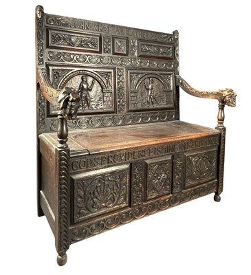 Lot 318 - 1920S ARTS & CRAFTS GOTHIC REVIVAL OAK INSCRIBED HALL SETTLE BENCH