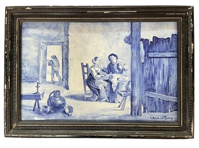 Lot 26 - AFTER DAVID TENIERS - 19TH CENTURY DUTCH DELFT BLUE AND WHITE TILE PAINTING