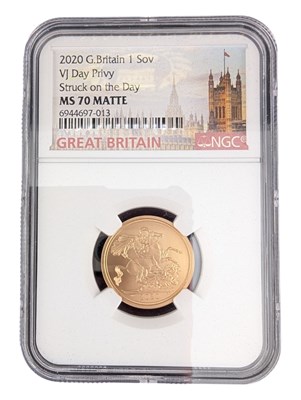 Lot 225 - 2020 QUEEN ELIZABETH II VJ DAY MS70 GOLD SOVEREIGN