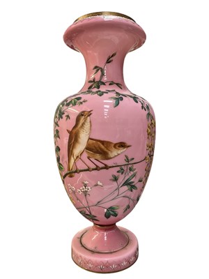 Lot 120 - LARGE 19TH CENTURY HAND PAINTED PINK OPALINE GLASS VASE