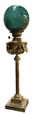Lot 347 - 19TH CENTURY NEO-CLASSICAL BRASS OIL LAMP WITH SPHERICAL GLASS SHADE