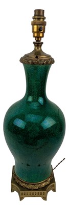 Lot 73 - VICTORIAN GILT BRONZE MOUNTED CHINESE GREEN GLAZED PORCELAIN VASE LAMP 清 绿釉冰裂瓶