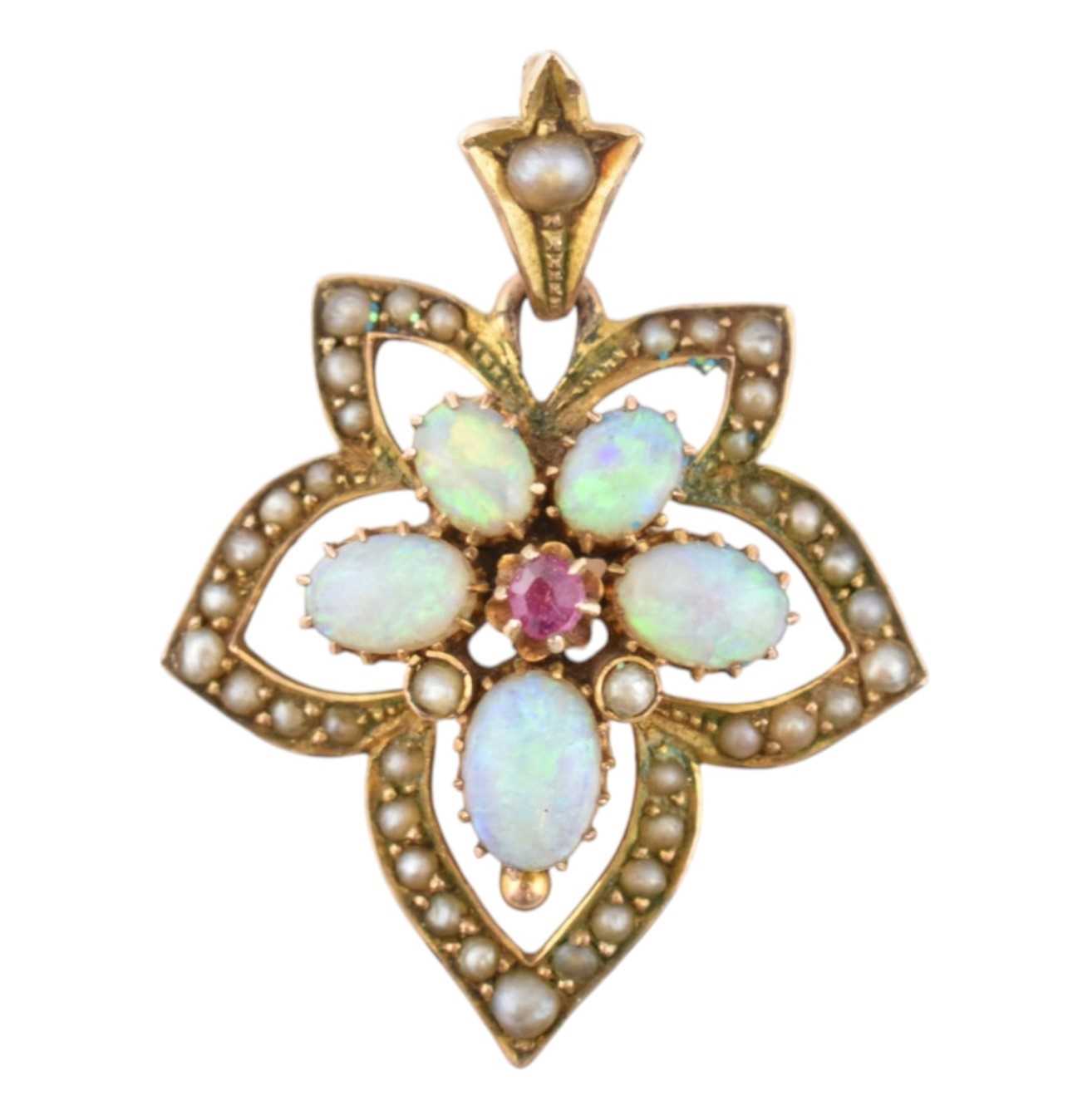 Lot 21 - ART NOUVEAU 9CT GOLD PEARL RUBY & OPAL NECKLACE